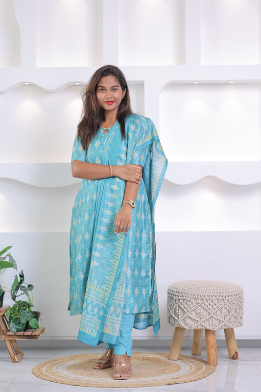 LUX-BLUE -IKKAT TUSSAR SUIT