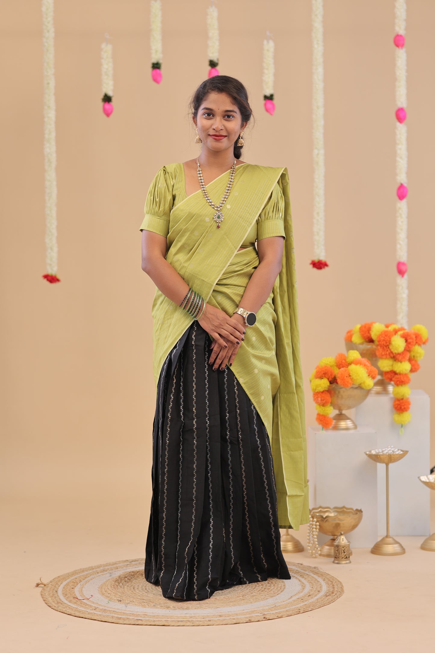 HALF SAREE-BLACK GREEN