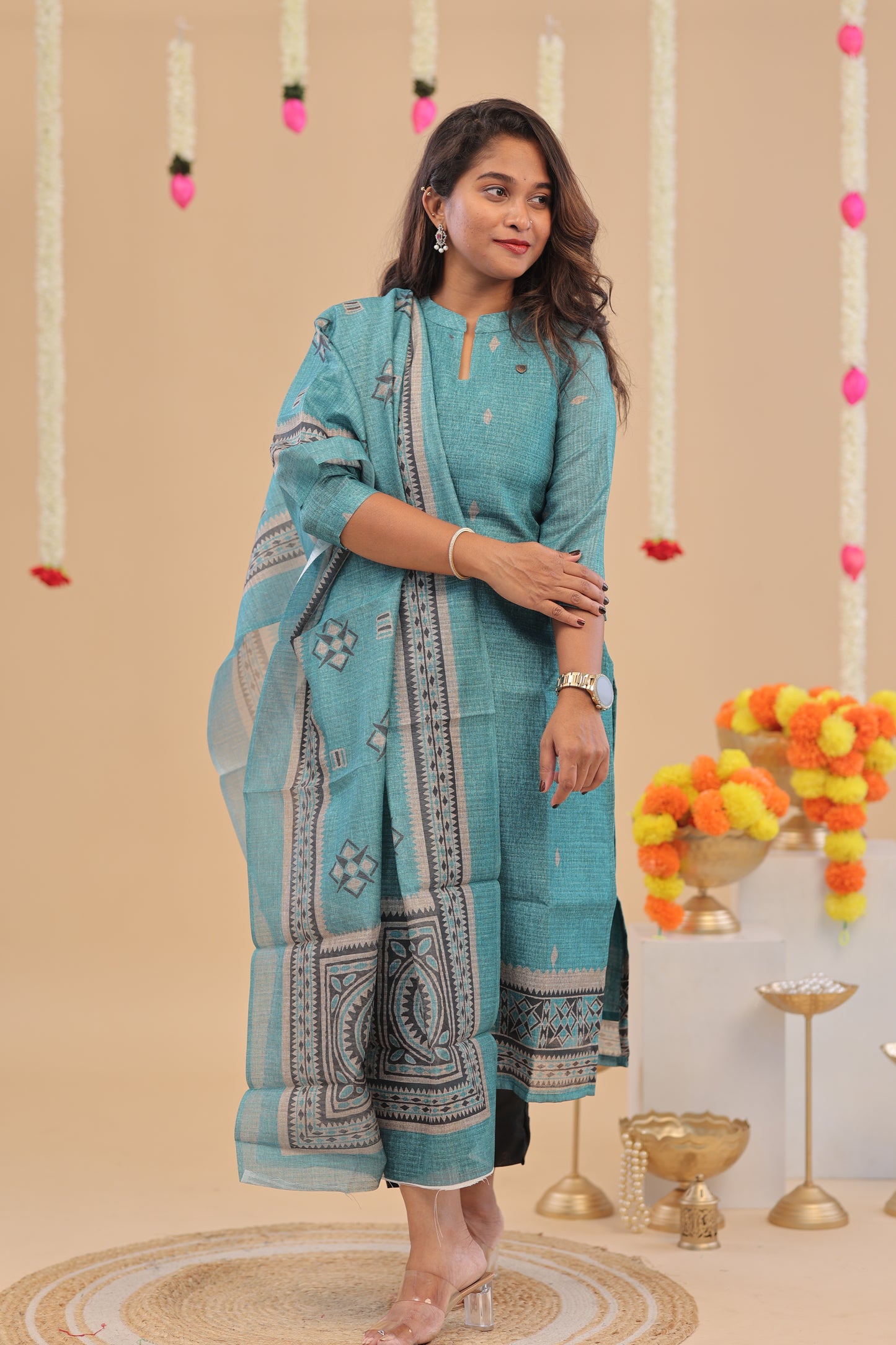 SEMI JUTE - sky blue Kurti set