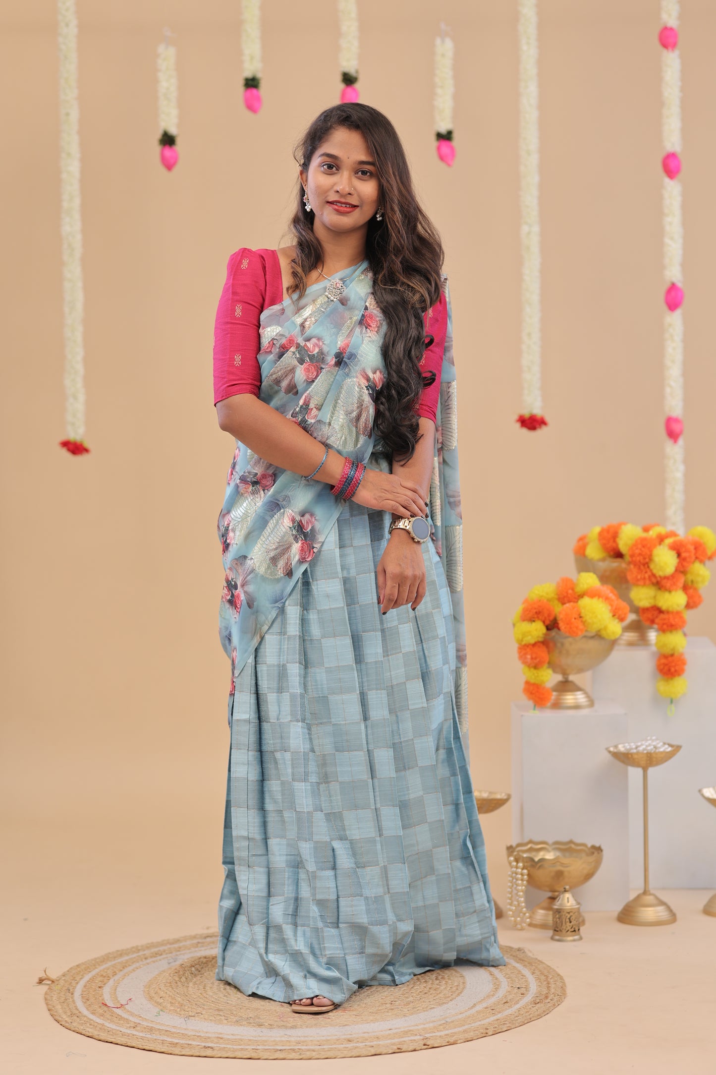 HALF SAREE-sky blue pink