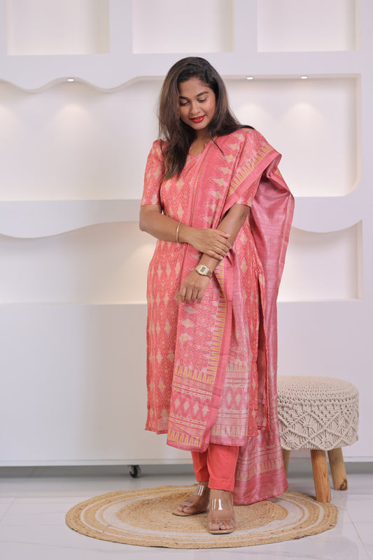 LUX-RED -IKKAT TUSSAR SUIT