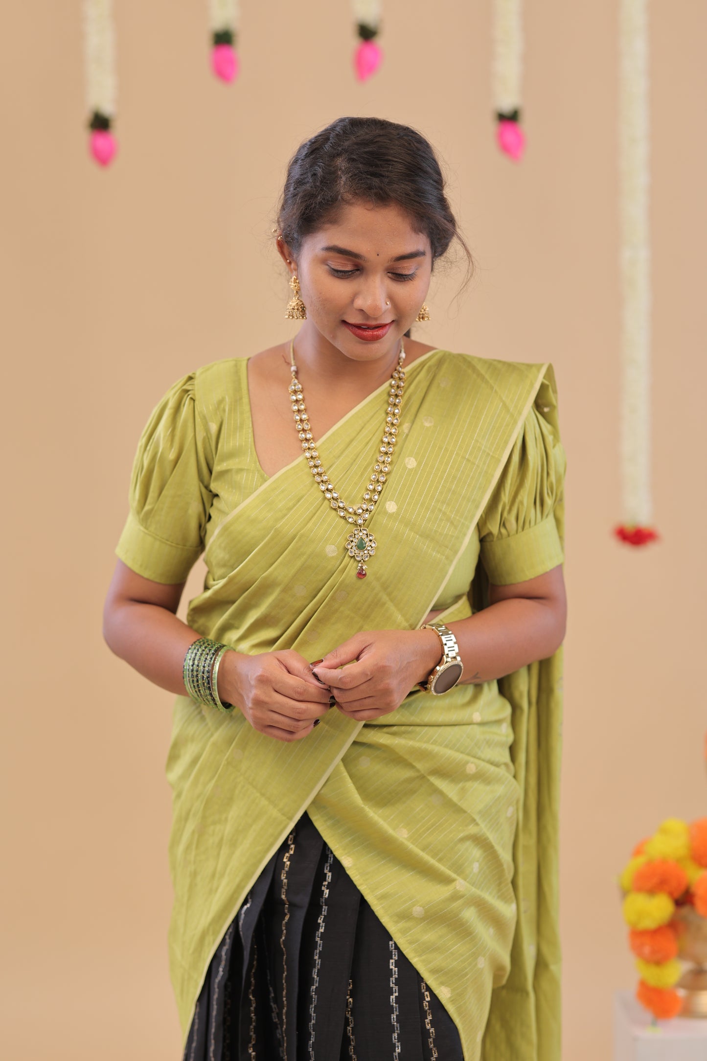HALF SAREE-BLACK GREEN