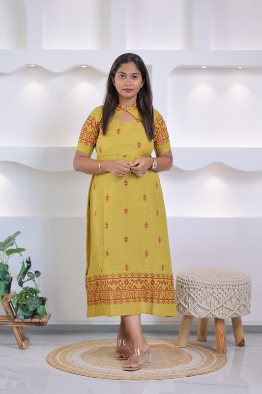 OFFICE WEAR-COTTON-Gown-YELLOW JADE