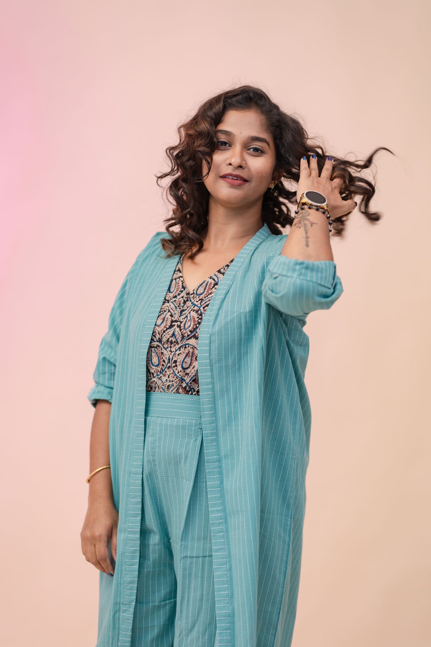 Oversized pastel Kalamkari ensemble