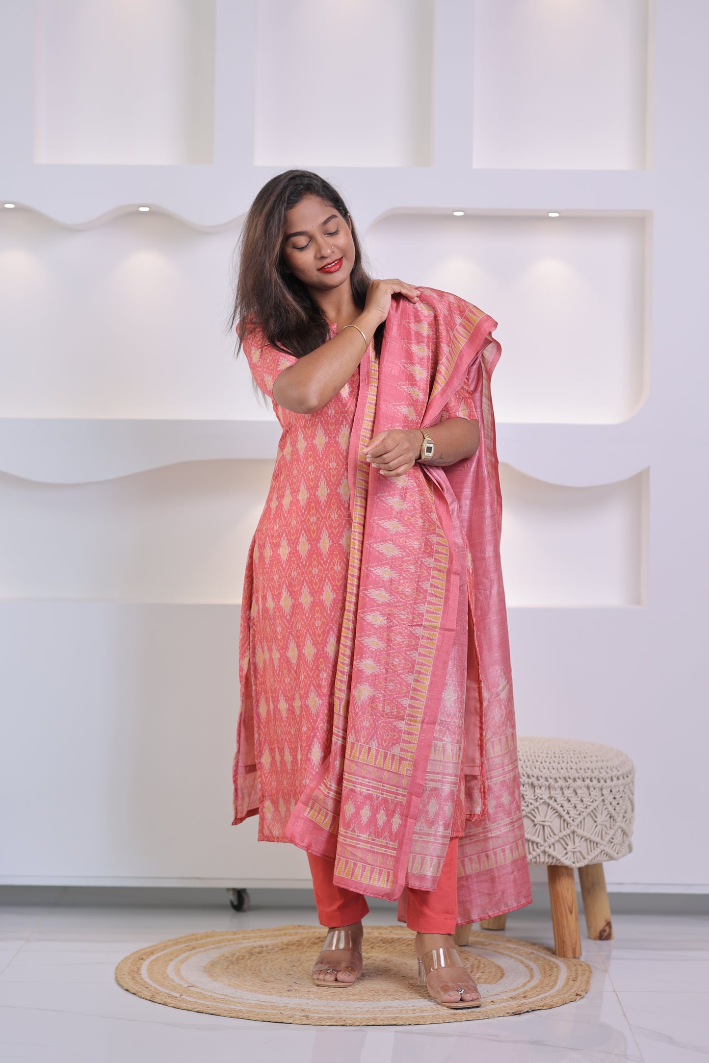 LUX-RED -IKKAT TUSSAR SUIT