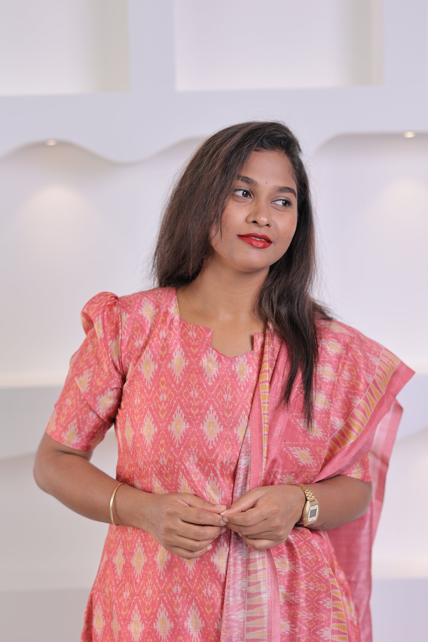 LUX-RED -IKKAT TUSSAR SUIT