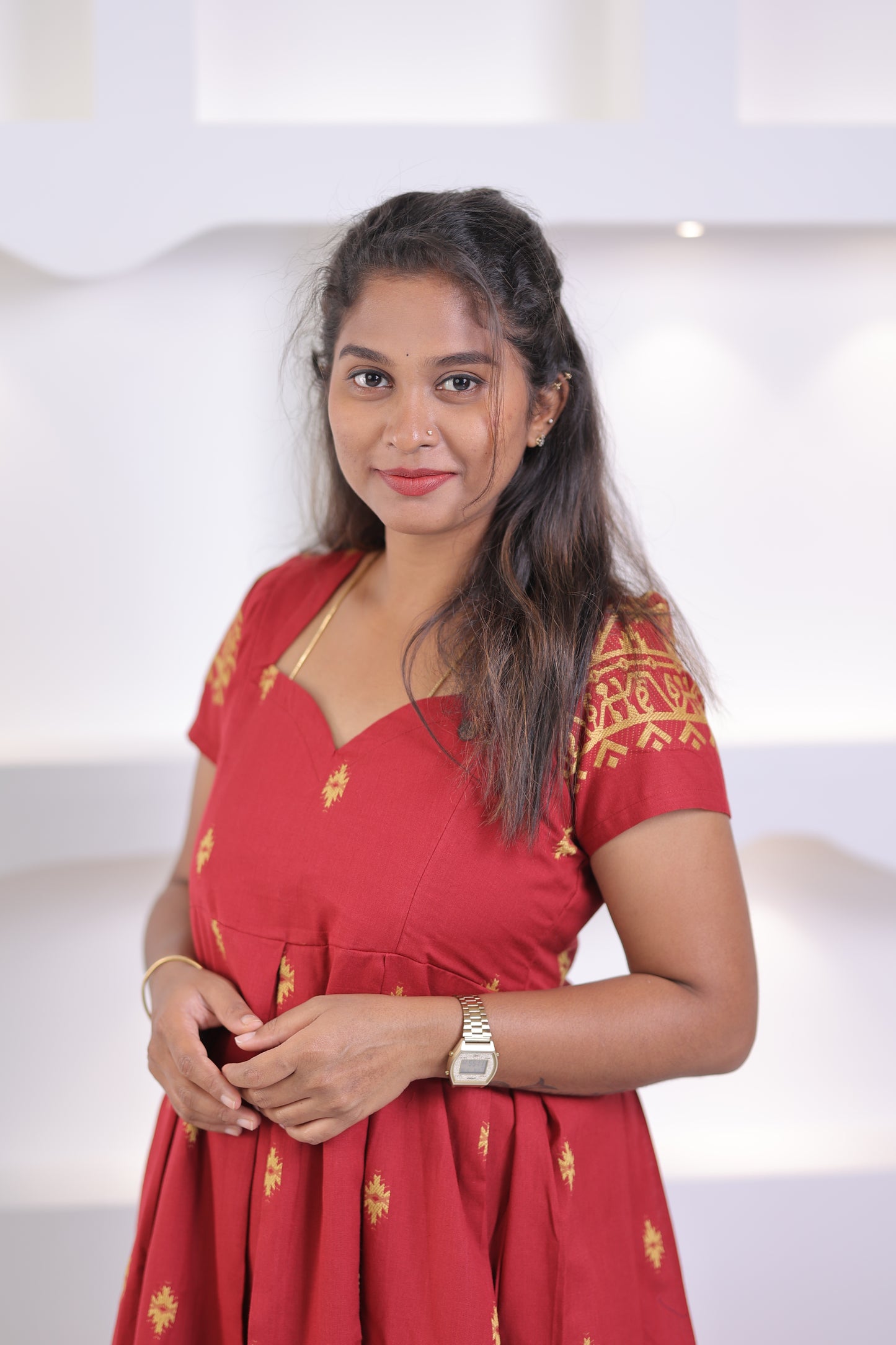 OFFICE WEAR-COTTON-Gown-RED CORAL