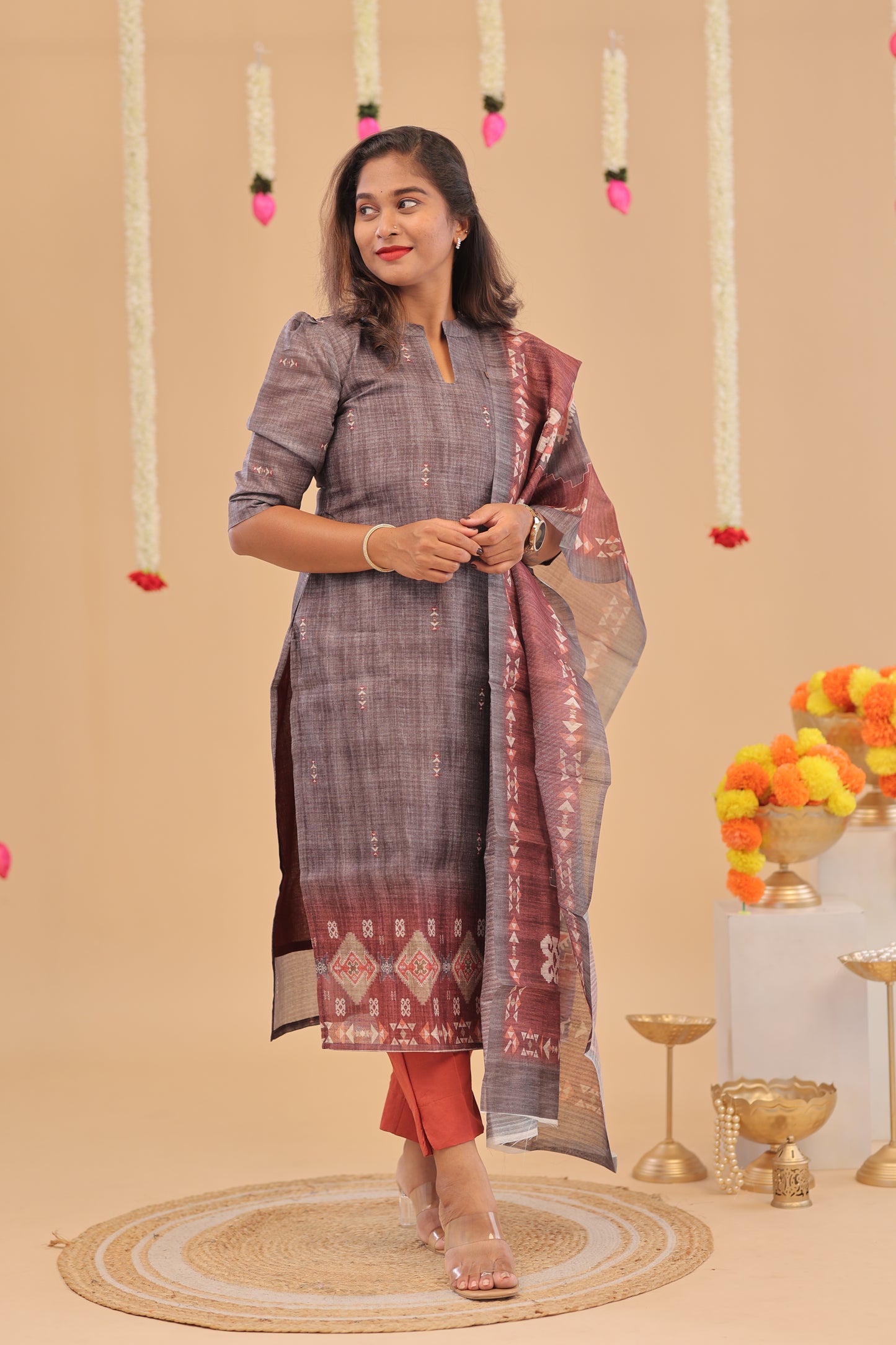 SEMI JUTE - GREY BROWN Kurti set