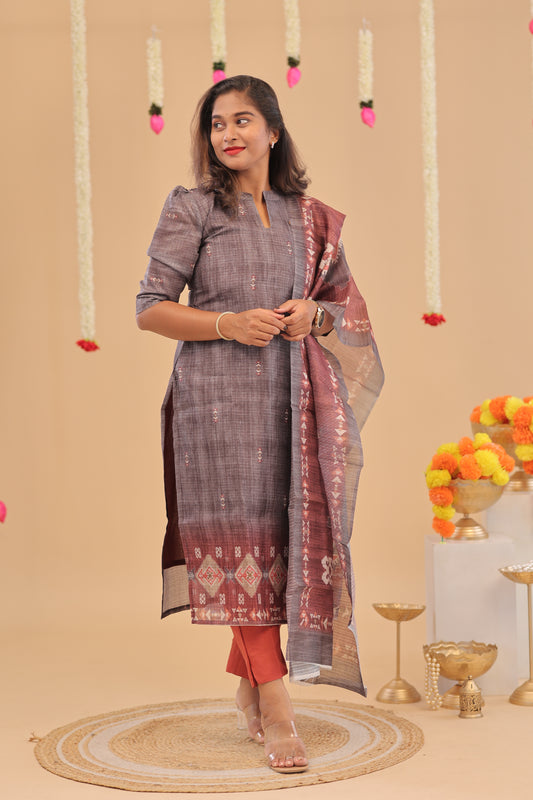 SEMI JUTE - GREY BROWN Kurti set