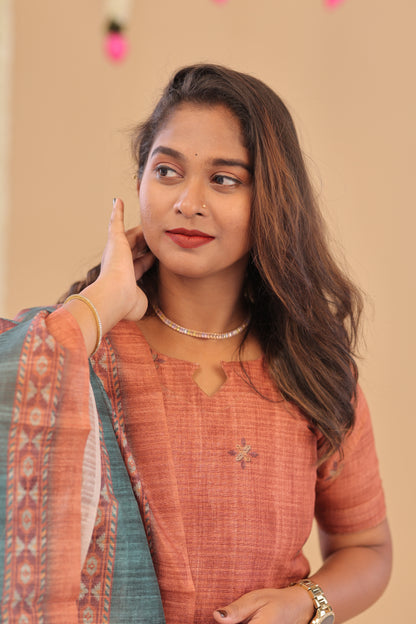 SEMI JUTE - RUST OLIVE Kurti set