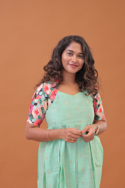 RAW SILK GOWN-PG/KALAMKARI/SEA