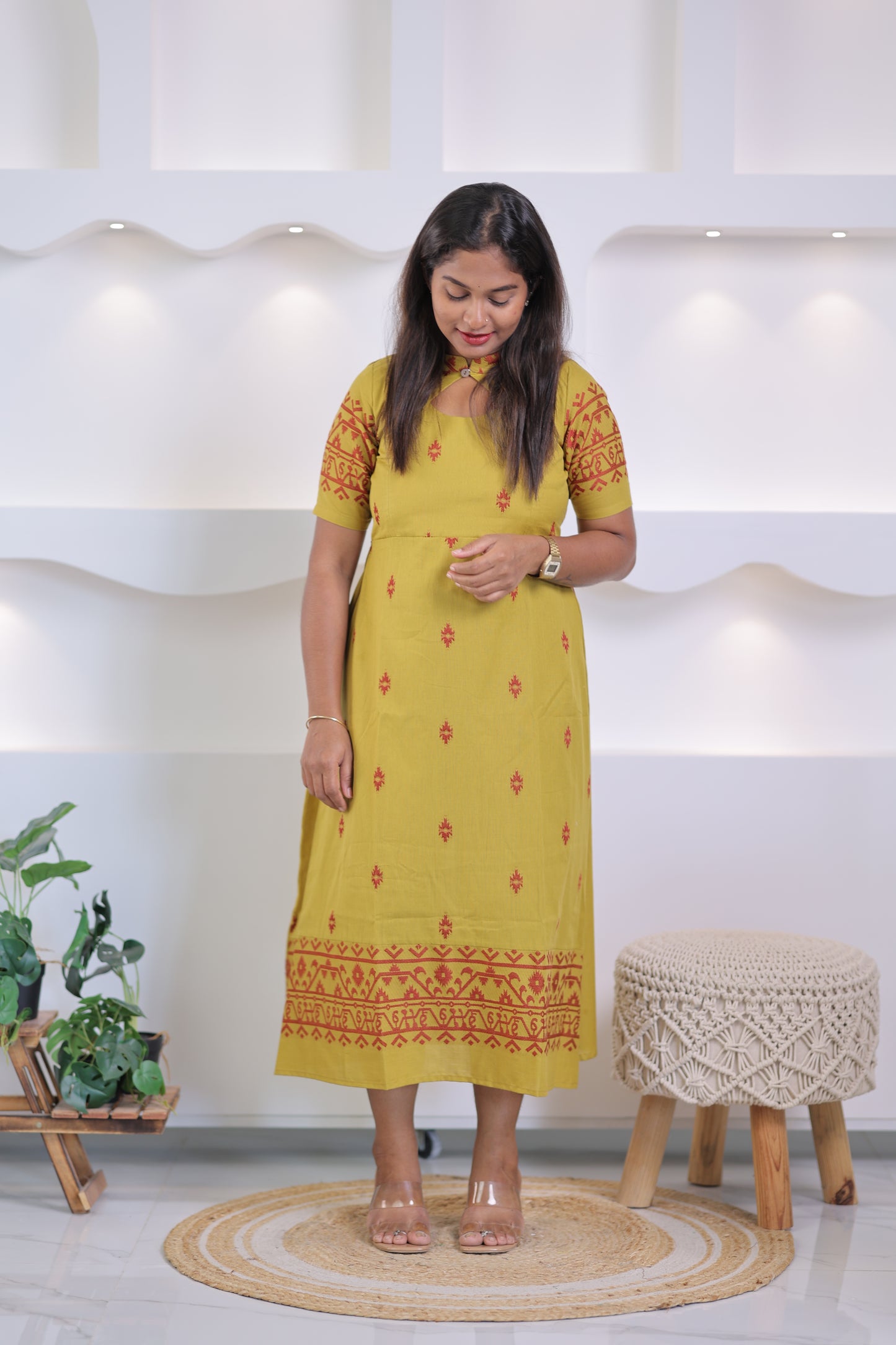OFFICE WEAR-COTTON-Gown-YELLOW JADE