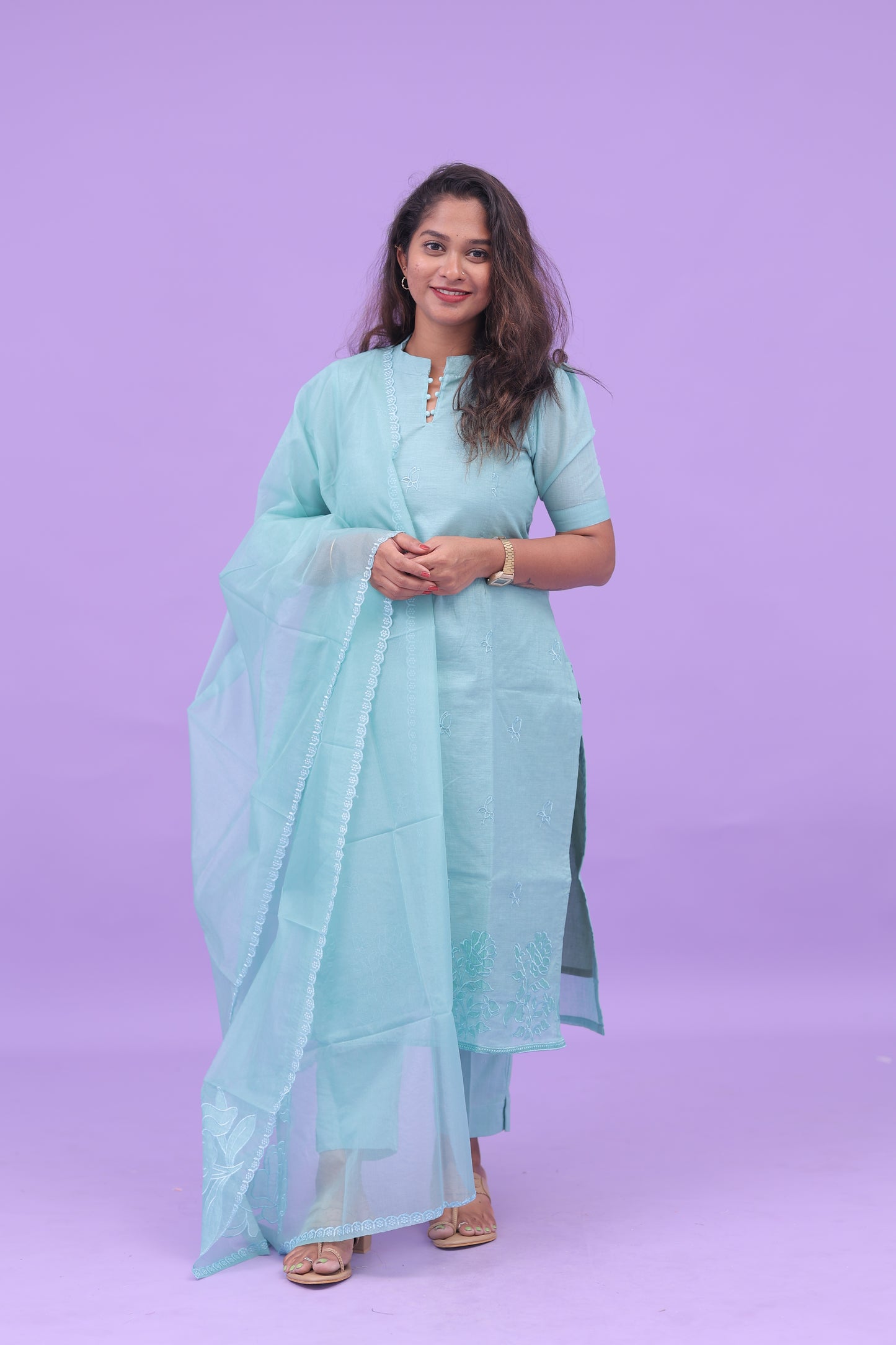 Skyblue-organza applique set