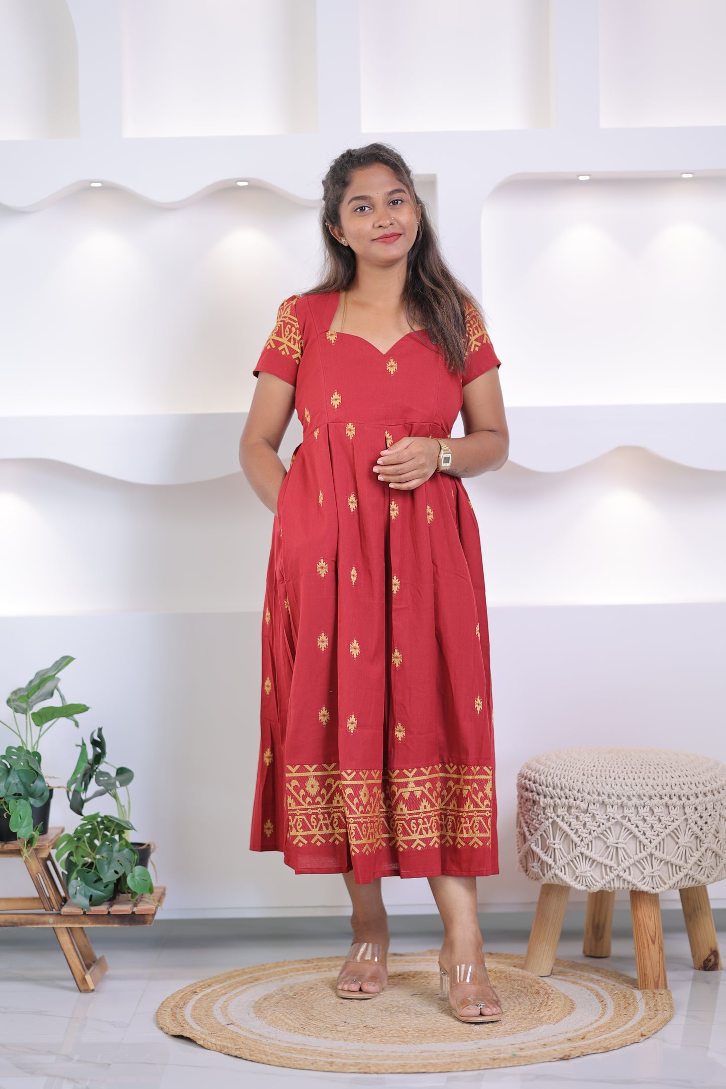 OFFICE WEAR-COTTON-Gown-RED CORAL