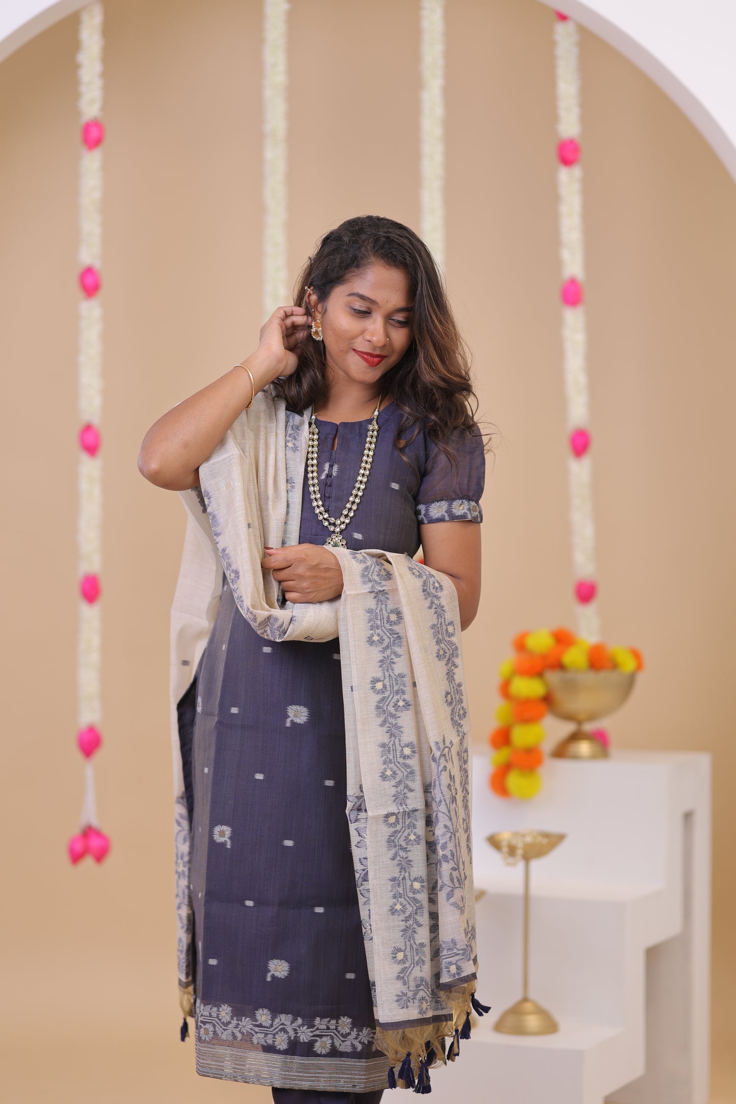 LUX-NIRANJANA-NAVY BLUE-JAMDHANI-3 pc set