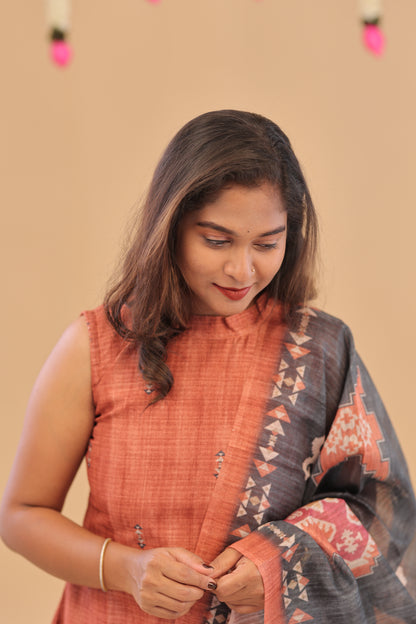 SEMI JUTE - RUST GREY Kurti set