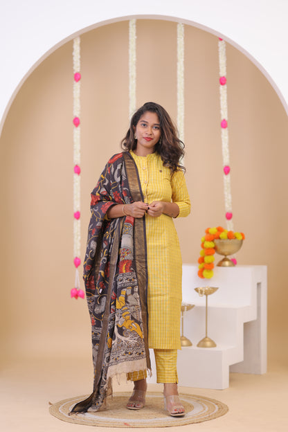 HANDLOOM -YELLOW  Kalamkari  SUIT