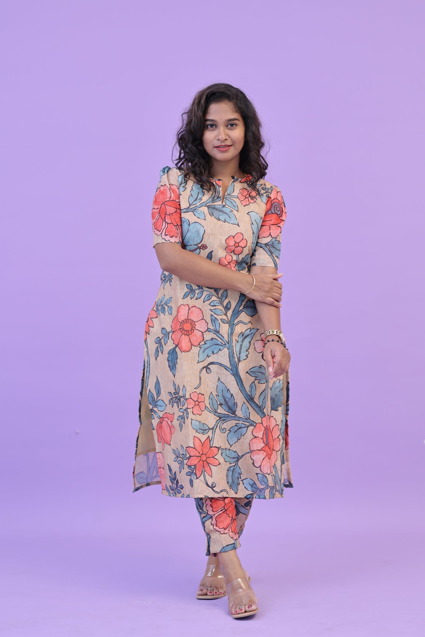 SUNNY-FLORAL-cotton co-ord-half white peach floral