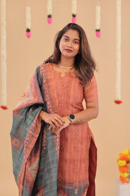 SEMI JUTE - RUST OLIVE Kurti set