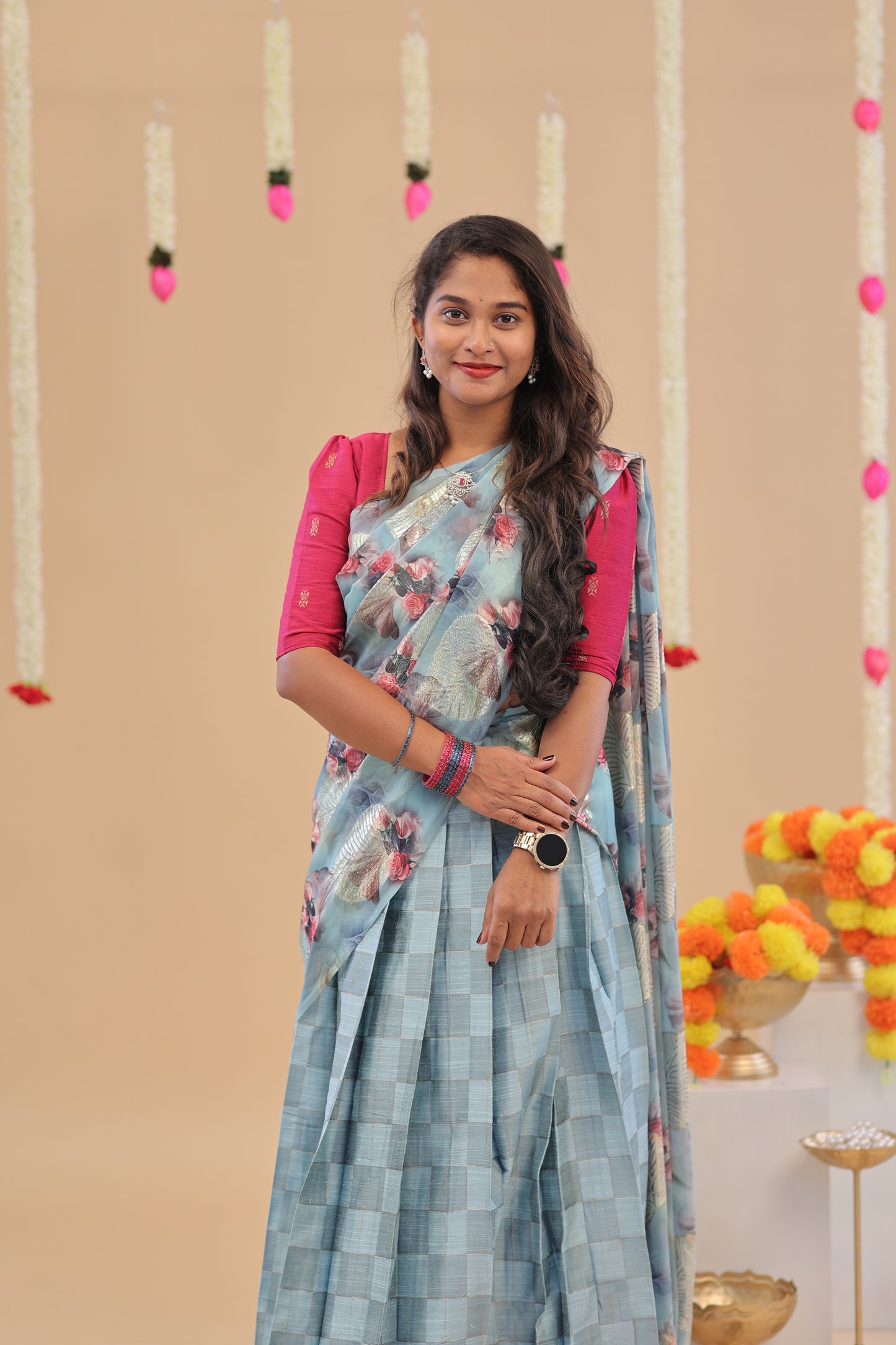 HALF SAREE-sky blue pink