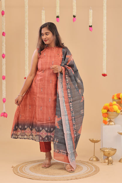 SEMI JUTE - RUST GREY Kurti set