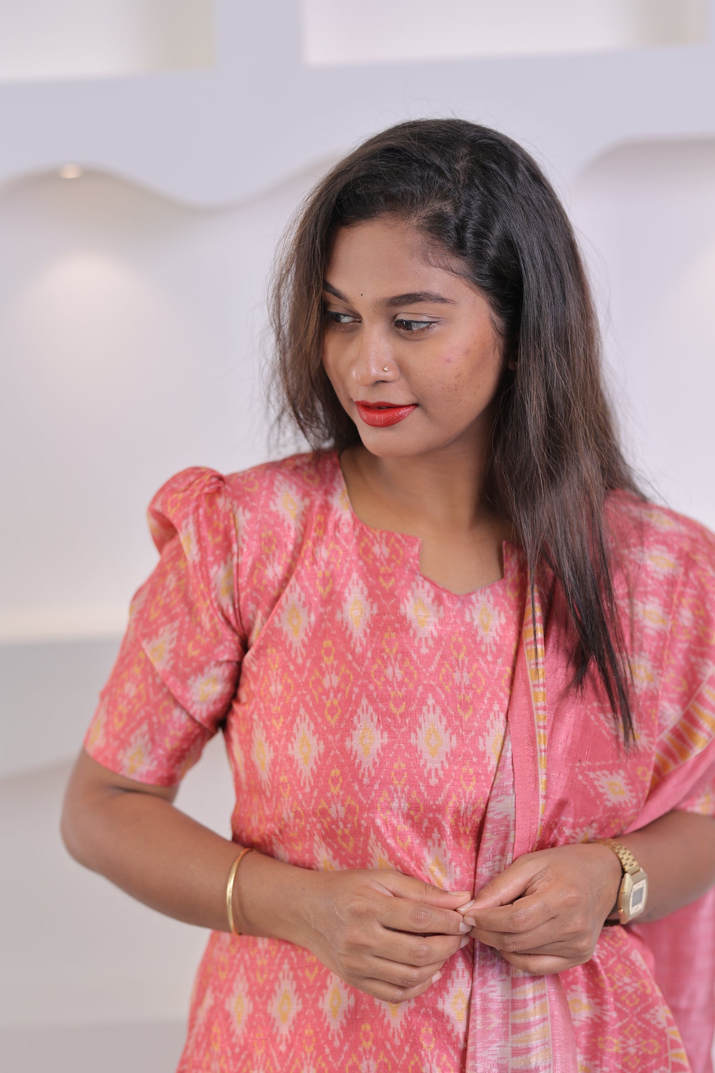 LUX-RED -IKKAT TUSSAR SUIT