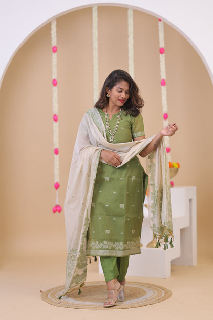 LUX-NIRANJANA-OLIVE-JAMDHANI-3 pc set