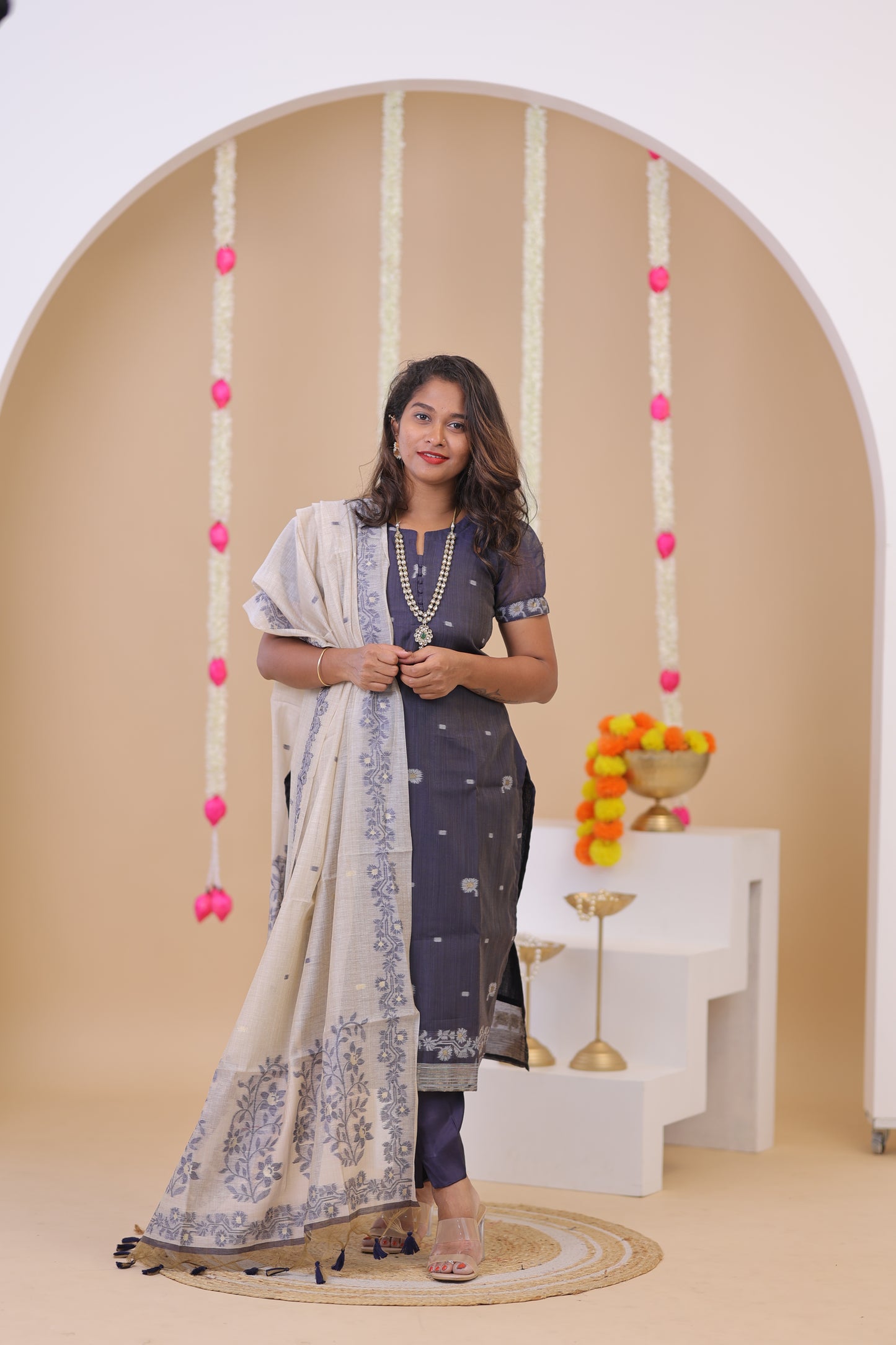 LUX-NIRANJANA-NAVY BLUE-JAMDHANI-3 pc set