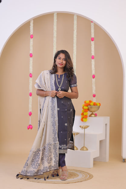 LUX-NIRANJANA-NAVY BLUE-JAMDHANI-3 pc set