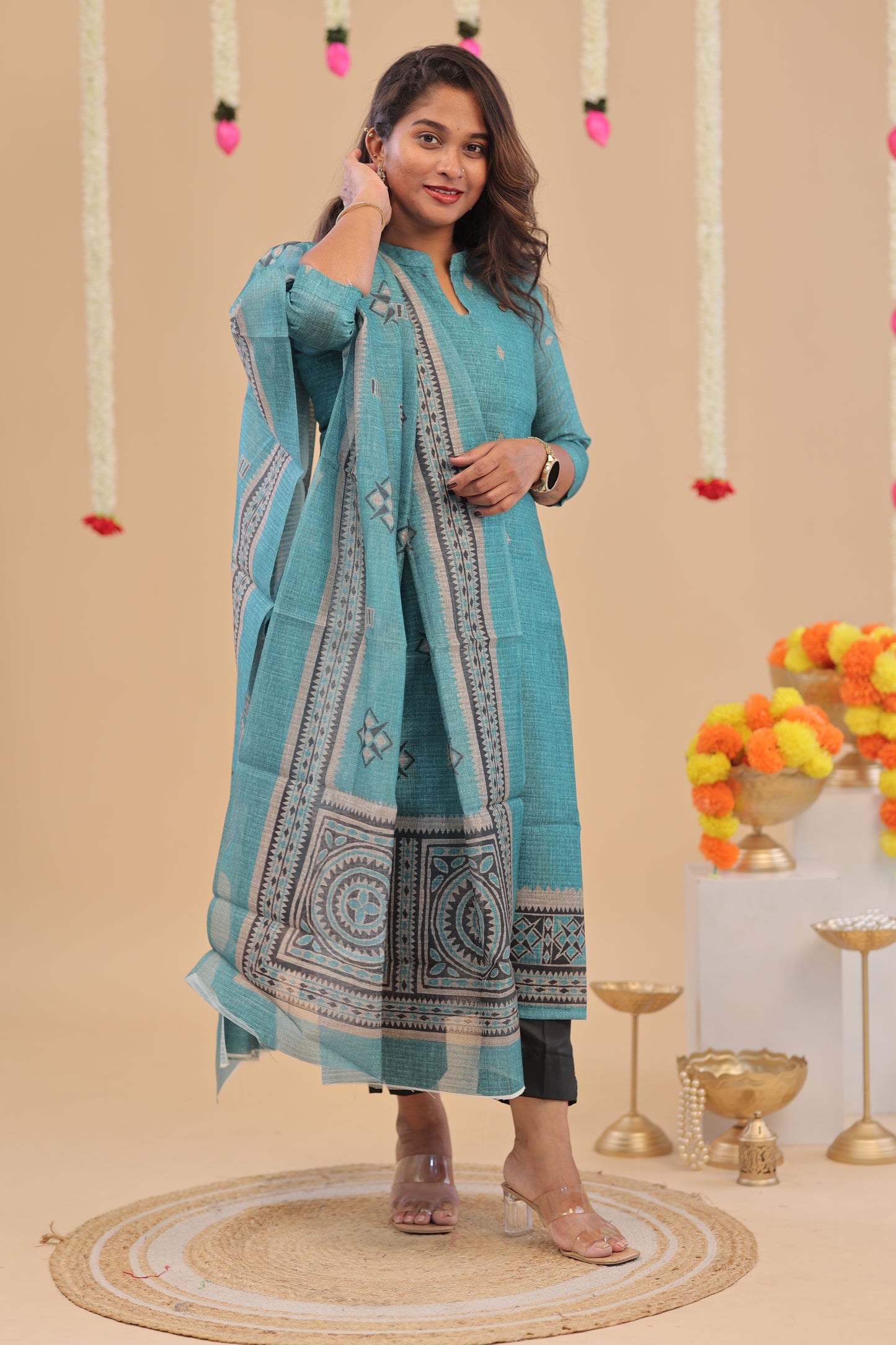 SEMI JUTE - sky blue Kurti set