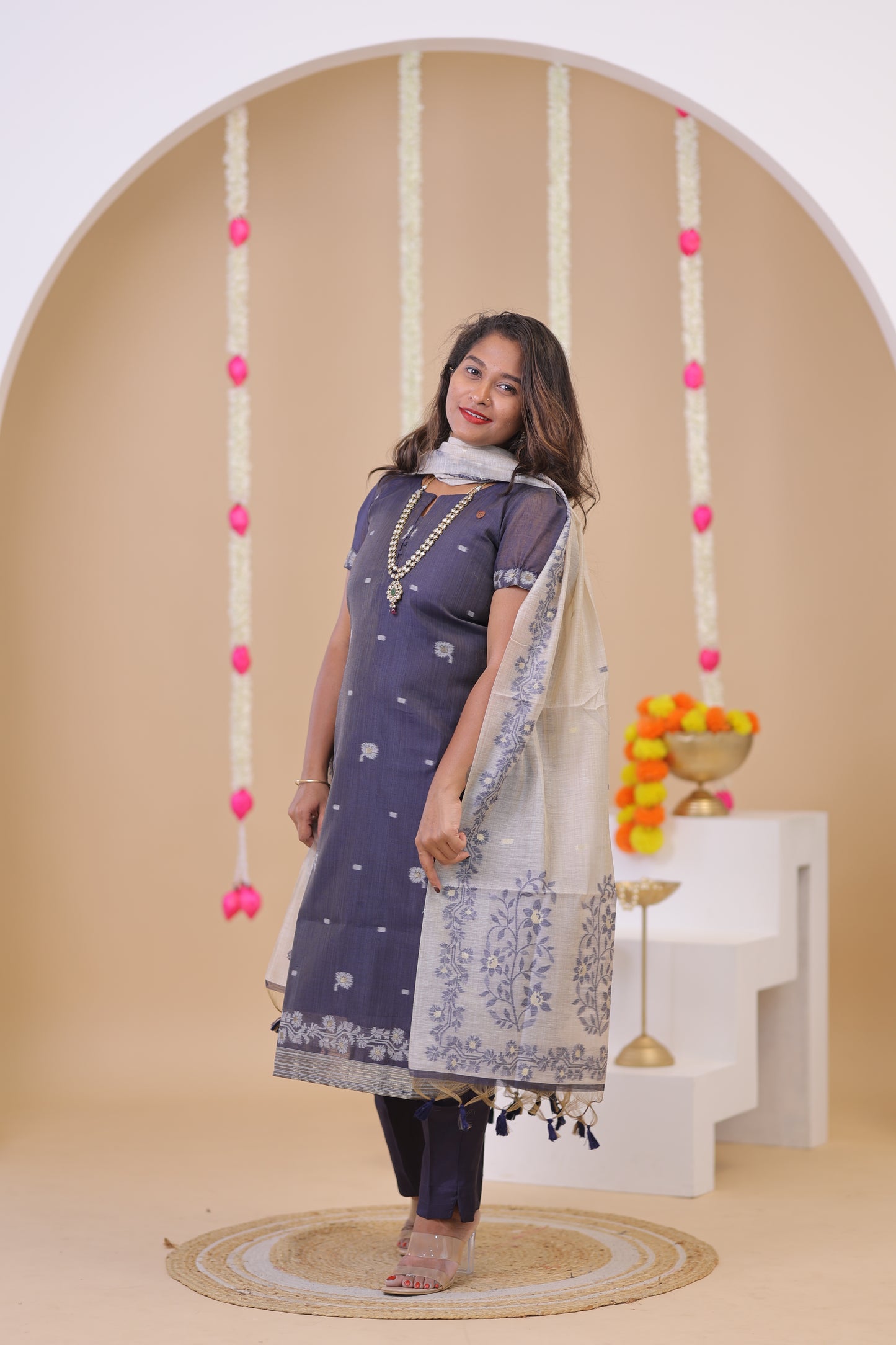 LUX-NIRANJANA-NAVY BLUE-JAMDHANI-3 pc set
