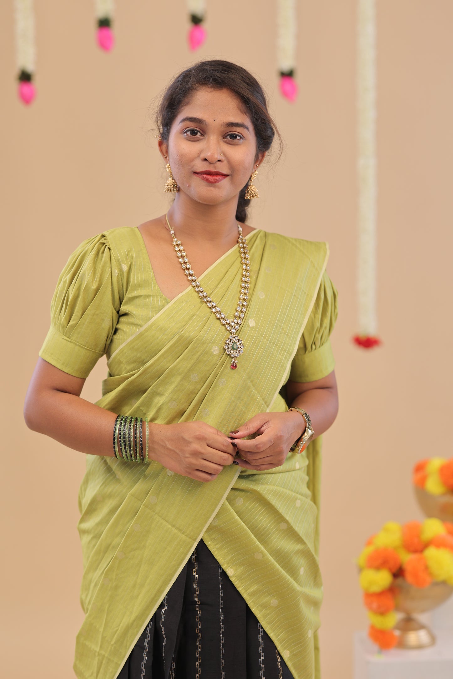 HALF SAREE-BLACK GREEN