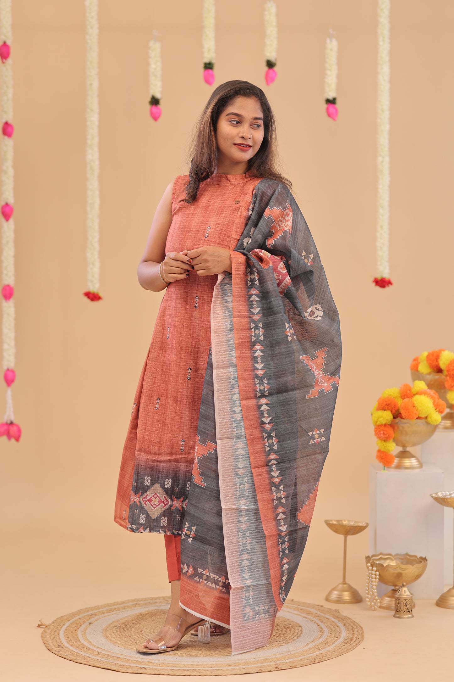 SEMI JUTE - RUST GREY Kurti set