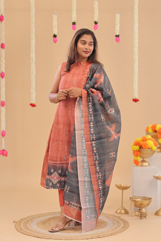 SEMI JUTE - RUST GREY Kurti set