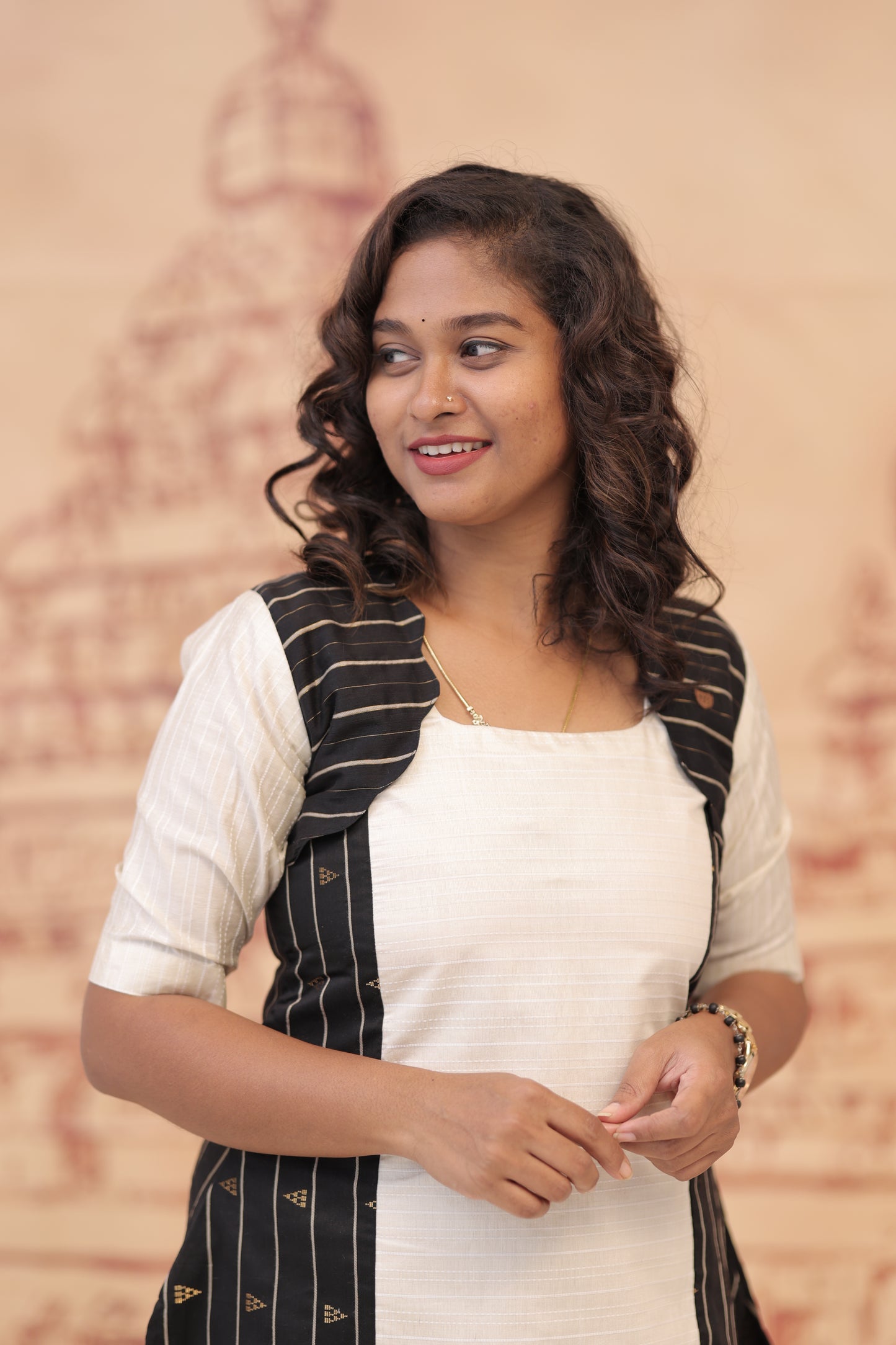 RAW SILK KURTI- BLACK WHITE