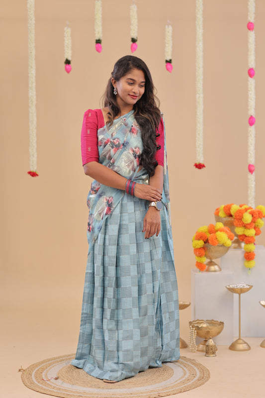 HALF SAREE-sky blue pink