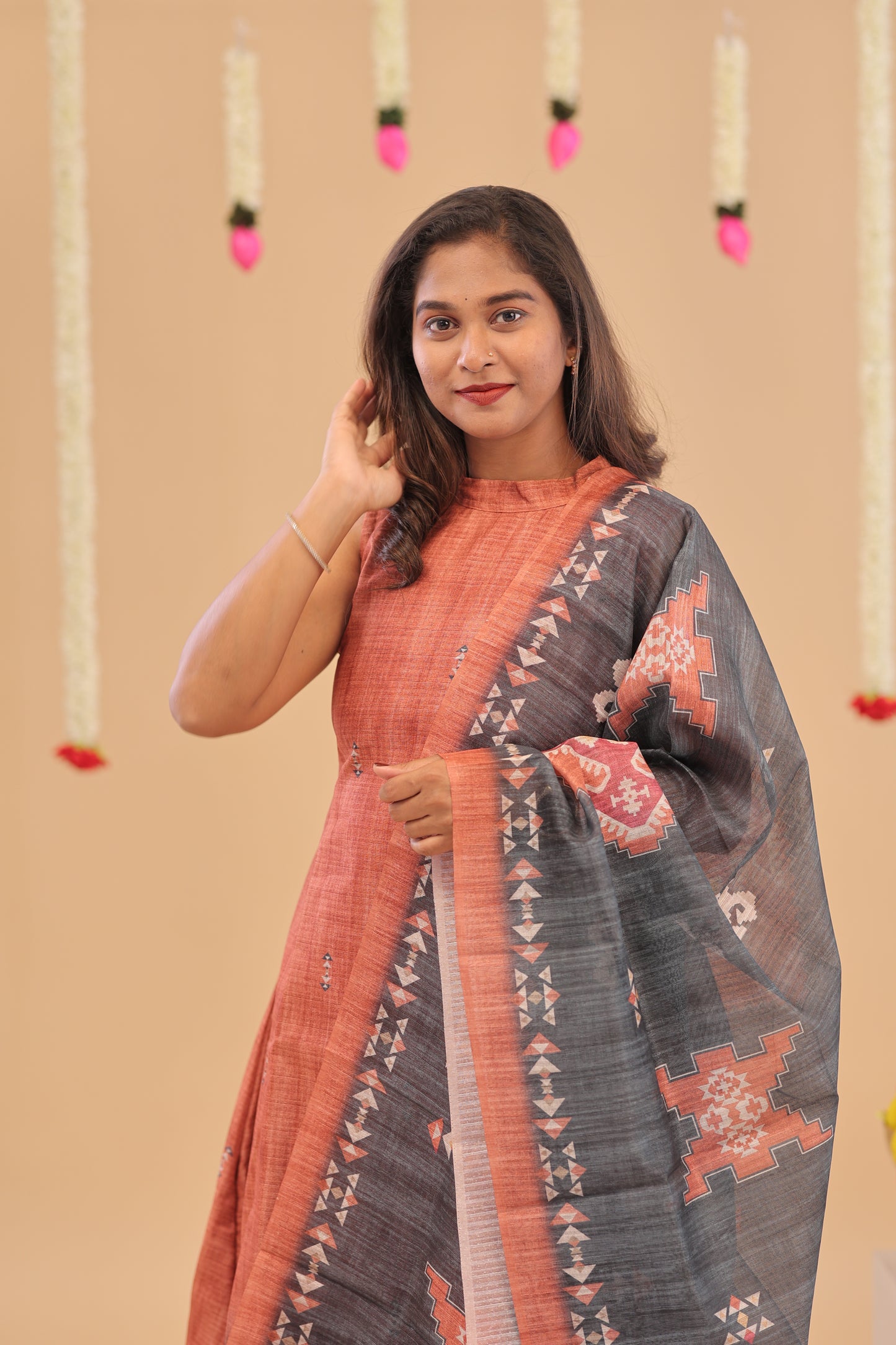 SEMI JUTE - RUST GREY Kurti set