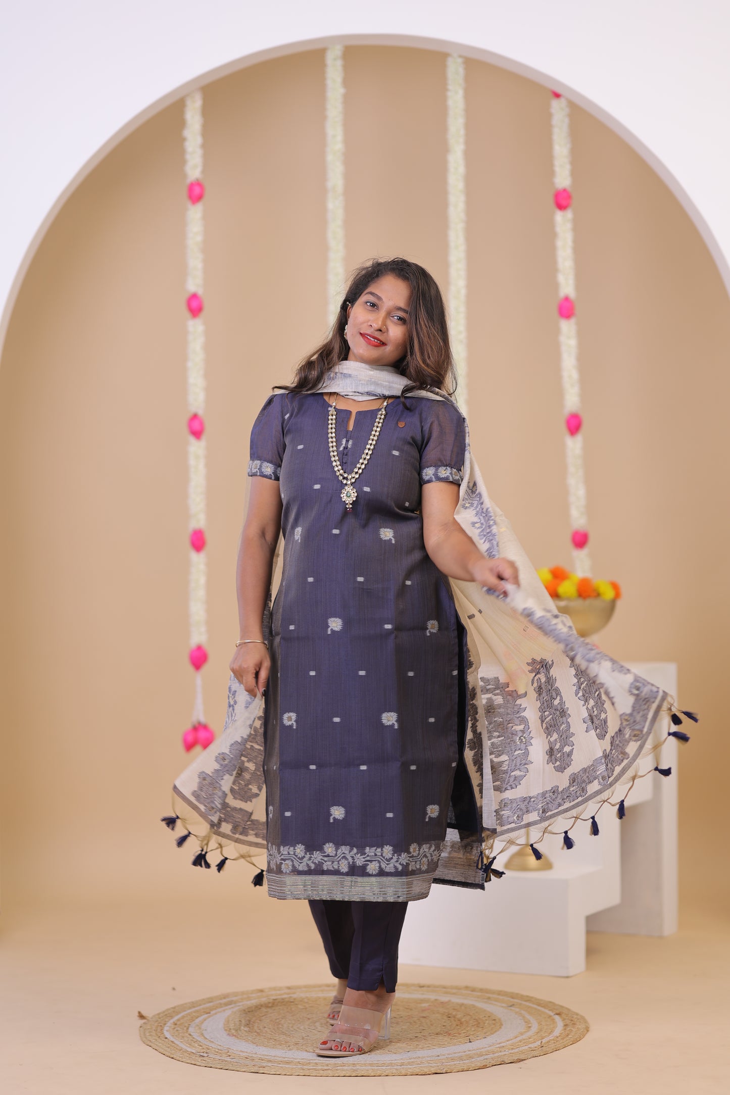 LUX-NIRANJANA-NAVY BLUE-JAMDHANI-3 pc set