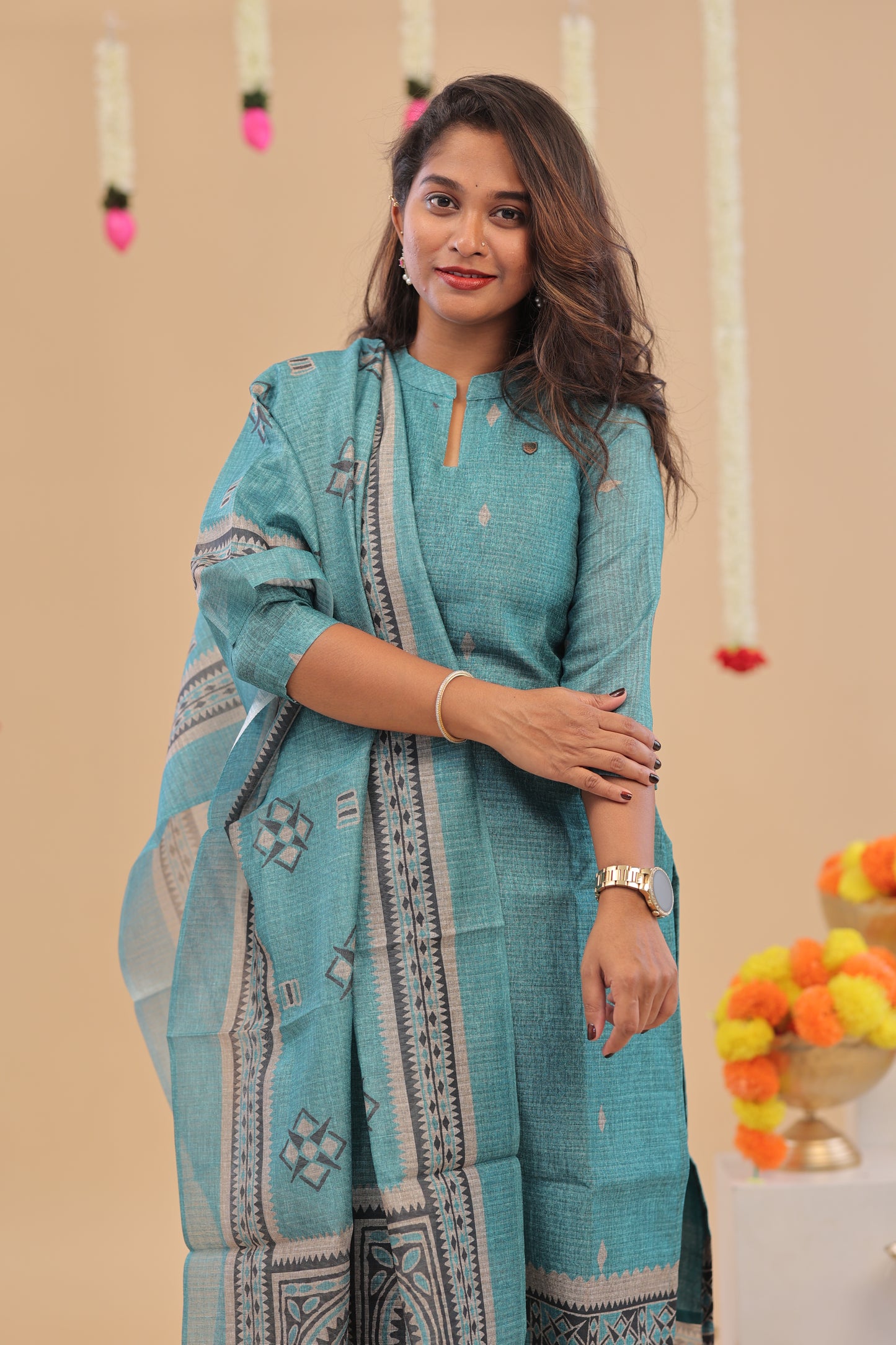SEMI JUTE - sky blue Kurti set