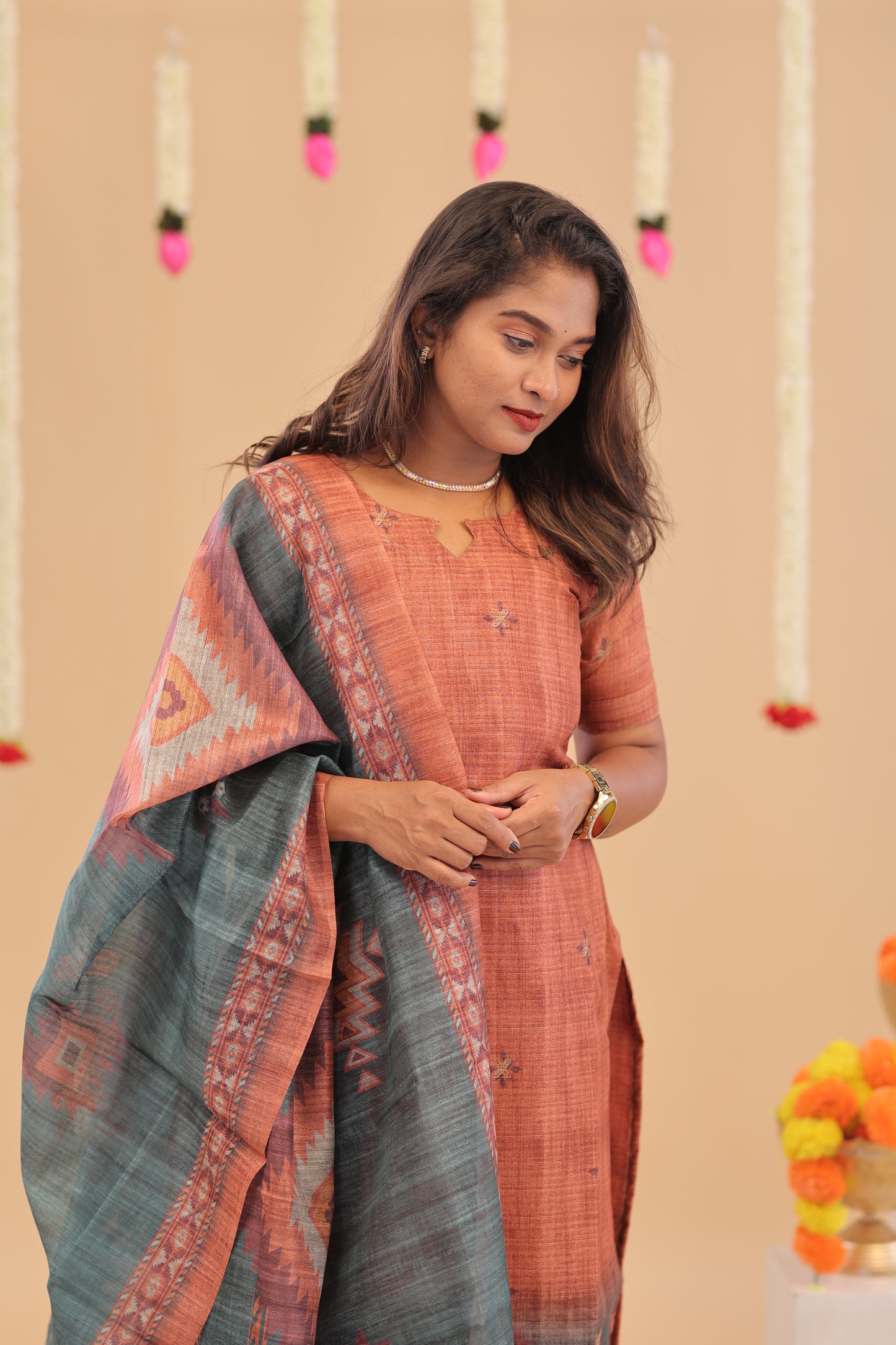 SEMI JUTE - RUST OLIVE Kurti set