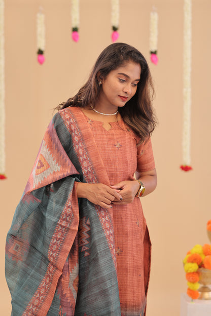 SEMI JUTE - RUST OLIVE Kurti set