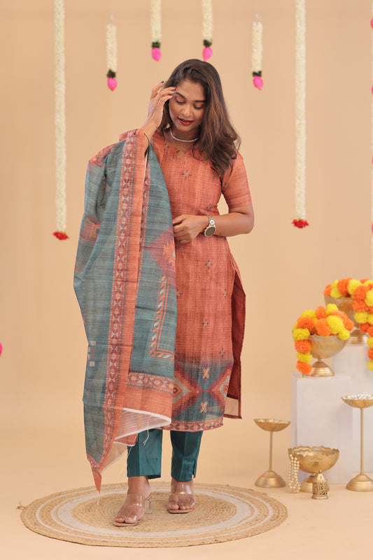 SEMI JUTE - RUST OLIVE Kurti set