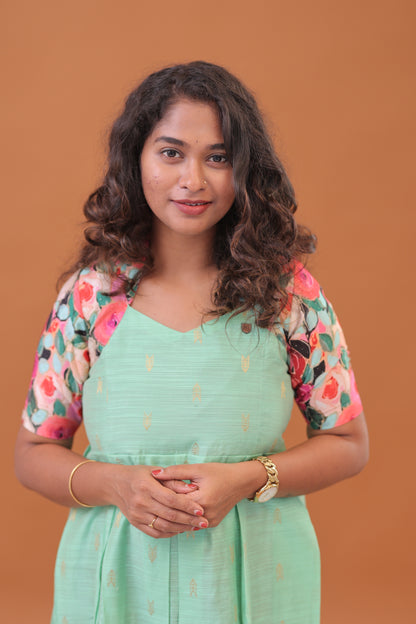 RAW SILK GOWN-PG/KALAMKARI/SEA