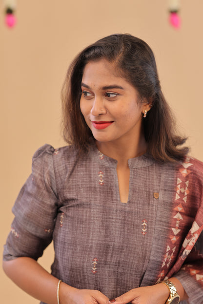 SEMI JUTE - GREY BROWN Kurti set