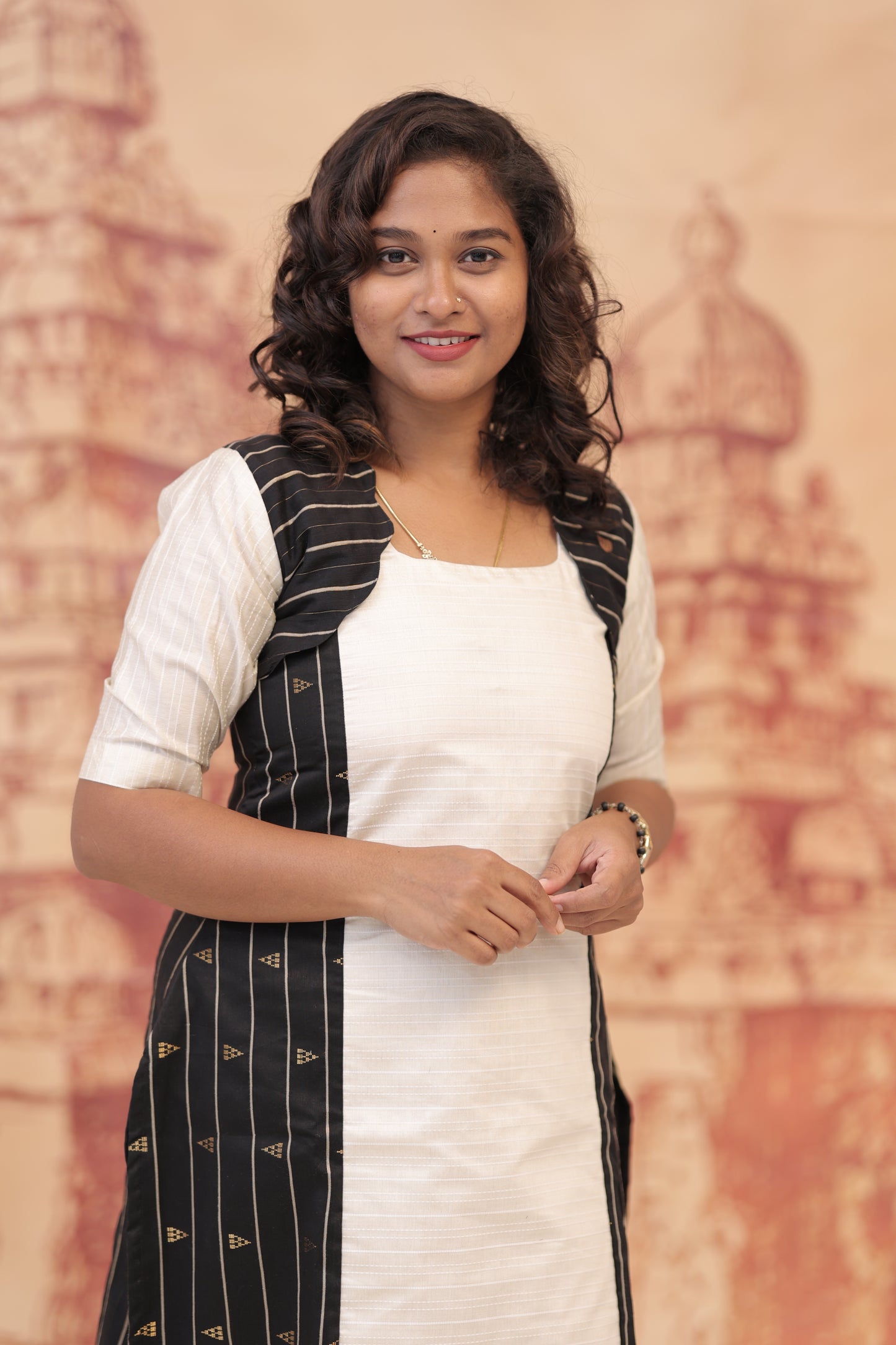 RAW SILK KURTI- BLACK WHITE