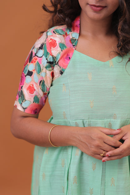 RAW SILK GOWN-PG/KALAMKARI/SEA