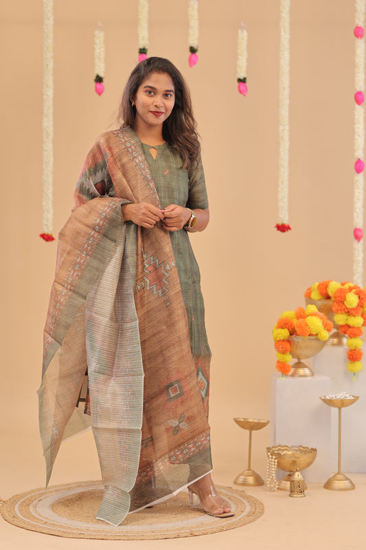 SEMI JUTE - OLIVE MUSTARD Kurti set