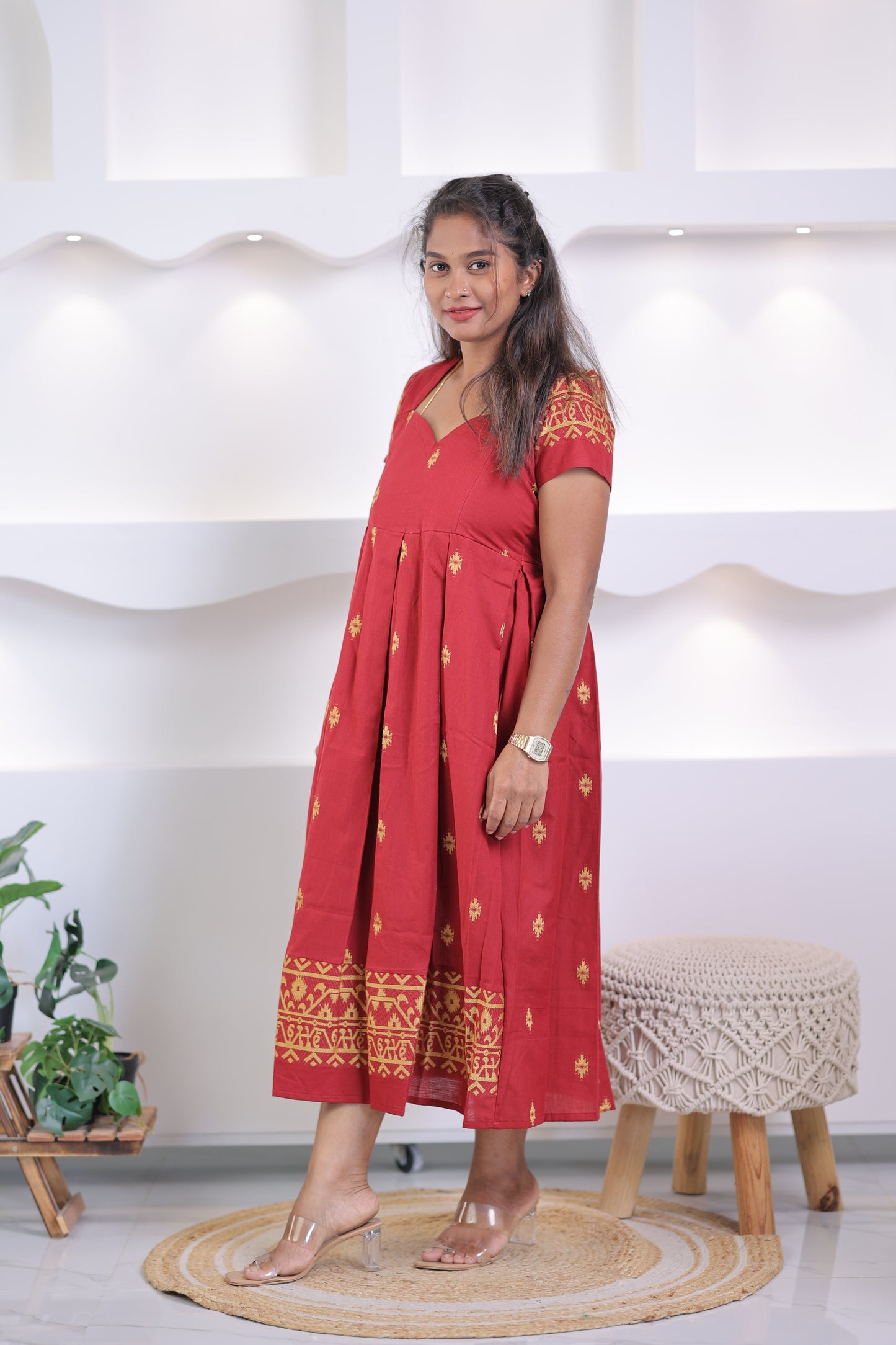 OFFICE WEAR-COTTON-Gown-RED CORAL