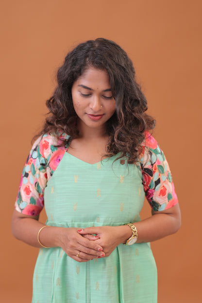 RAW SILK GOWN-PG/KALAMKARI/SEA