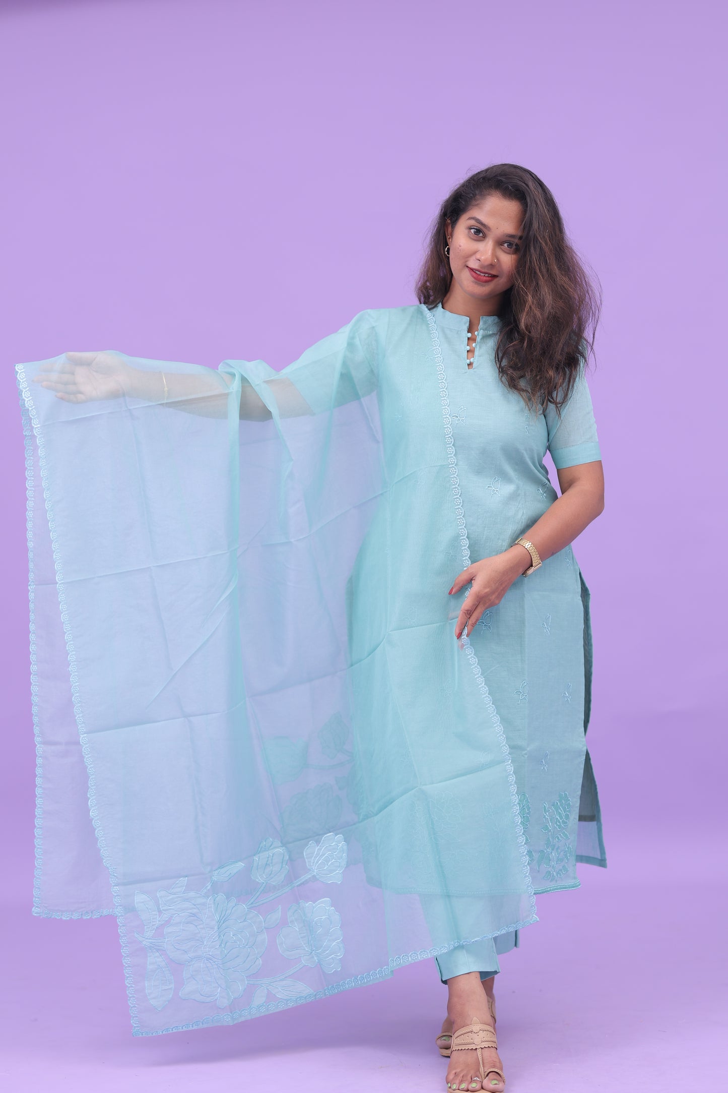 Skyblue-organza applique set